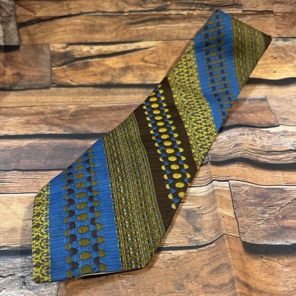 Vintage Wembley Men's Tie Blue Gold Brown Geometric Stripes Classic Necktie